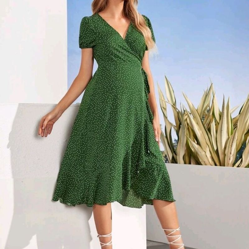 Vestido Midi Verde Transpassado/Envelope Bolinha Poá Shein C&Amp;A