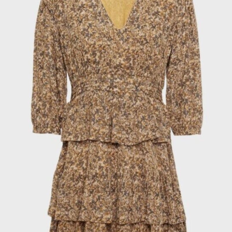 Vestido Mini Bash Nina Crepe Estampa em Camadas Amarelo Ocre Preto