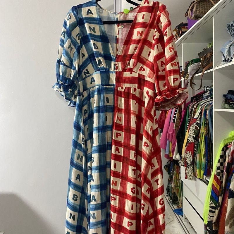 Vestido Midi INFANTIL Xadrez Vermelho com Decote e Mangas Bufantes - Isabel