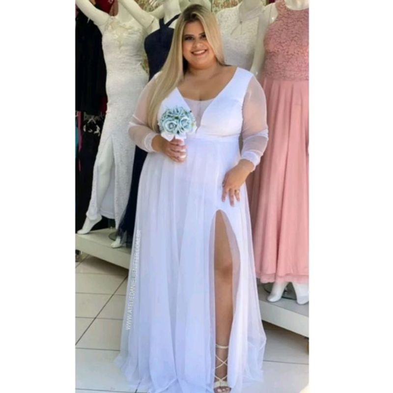 Vestido Plus Size Casamento Civil Branco Floral Manga Longa - Vestidos  Casamento Civil Princesa