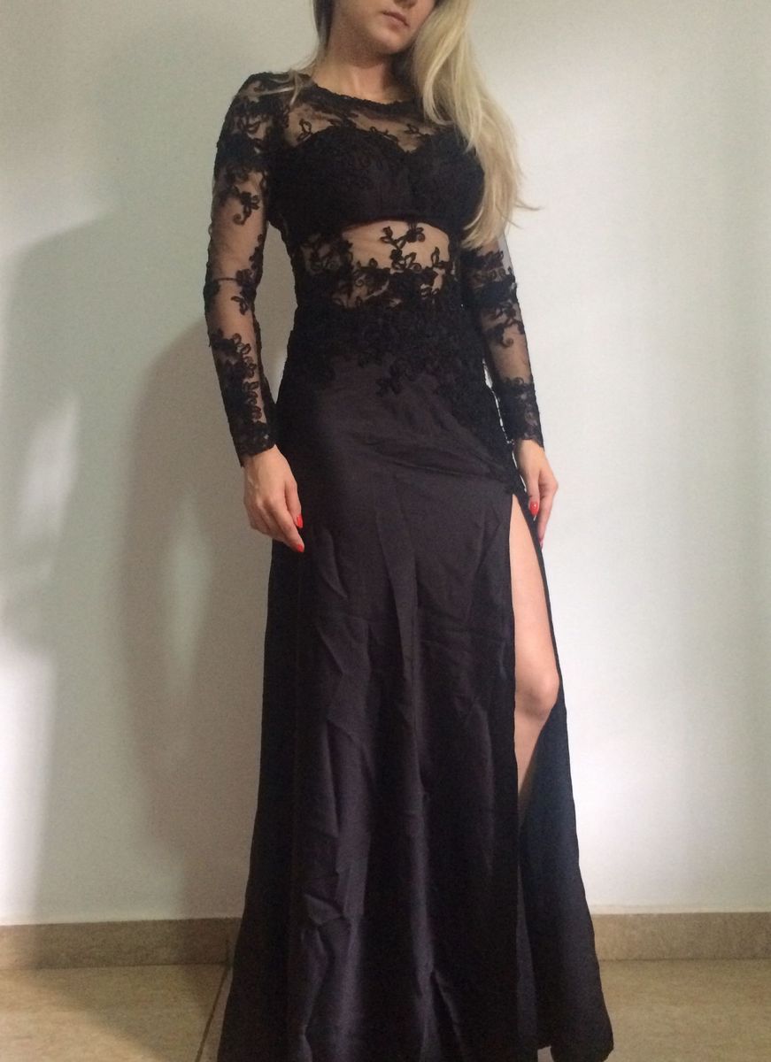 vestido de seda preto longo