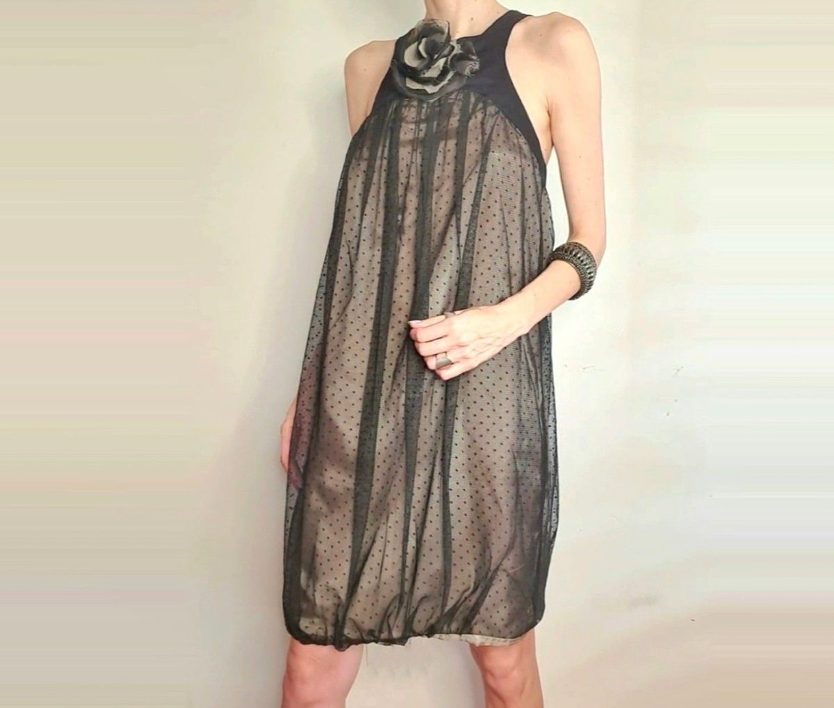 Vestido Preto Renda Poá Balone da Zara Romântico Lindo Pra