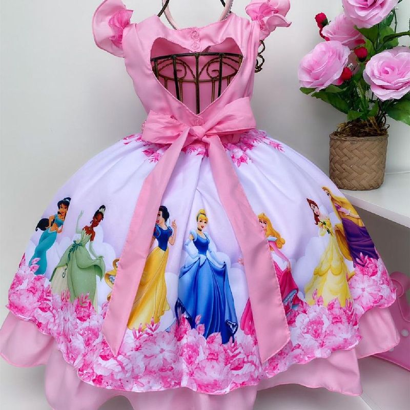 VESTIDO INFANTIL ROSA FLORAL PRINCESA LUXO FESTA ANIVERSÁRIO