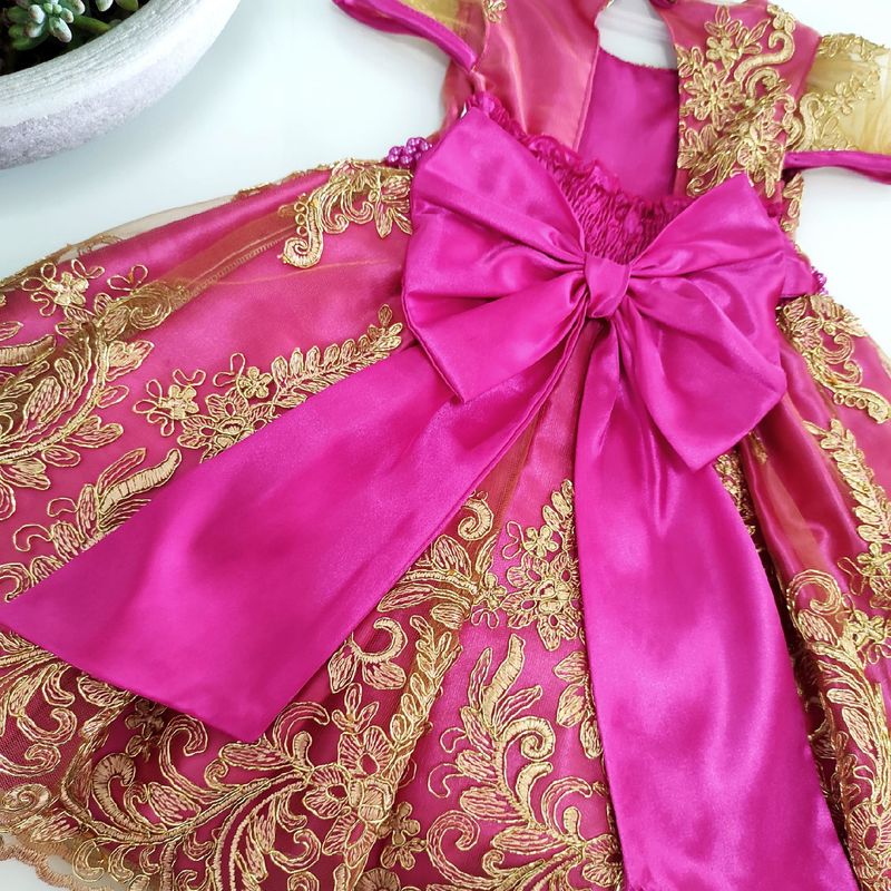 Vestido Infantil Rosa Dourado Realeza Princesa