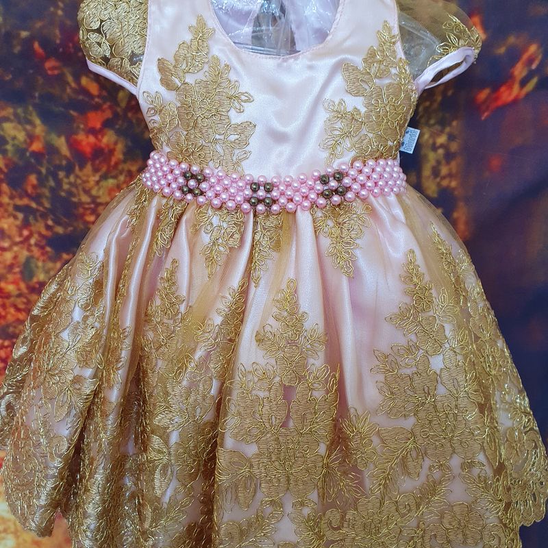 Vestido Infantil Rosa Dourado Realeza Princesa