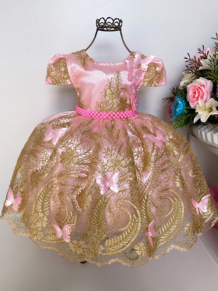 Vestido Rosa Realeza Dourado Princesas Jardim Das Borboletas | Roupa  Infantil para Menina Catri Vestidos Infantis Nunca Usado 81538113 | enjoei