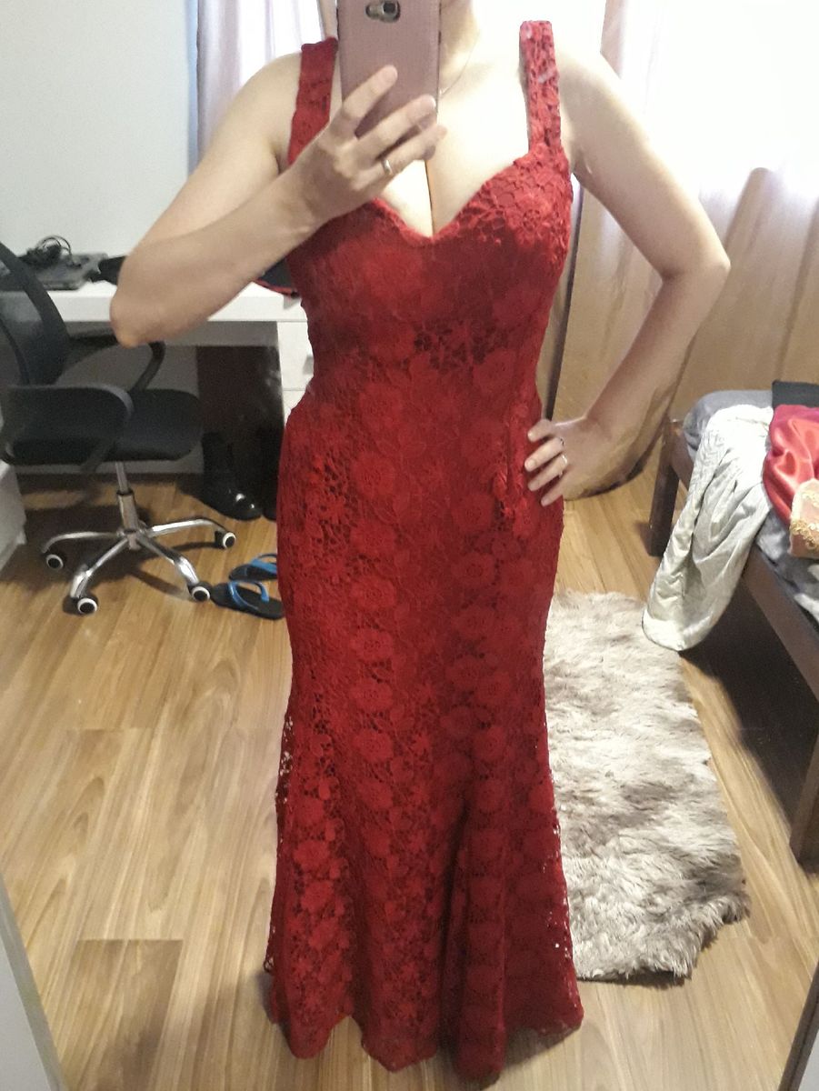 vestido de renda guipir marsala