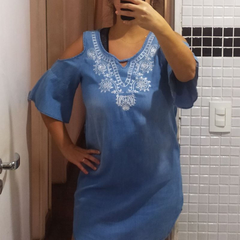 Vestido jeans best sale ombro vazado