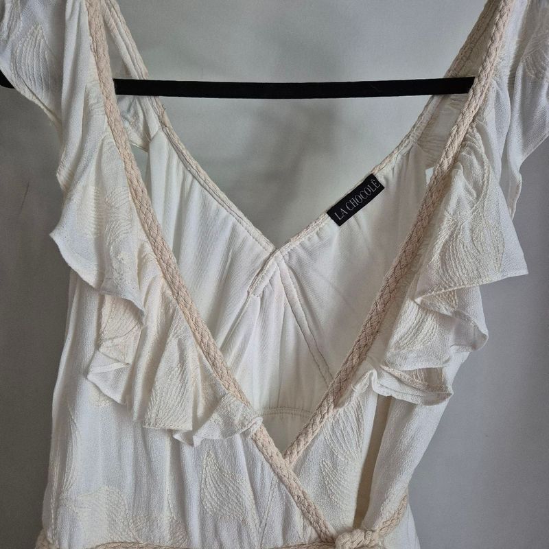 Vestido Transpassado, Tecido Bordado, Cinto de Corda, Tamanho 38