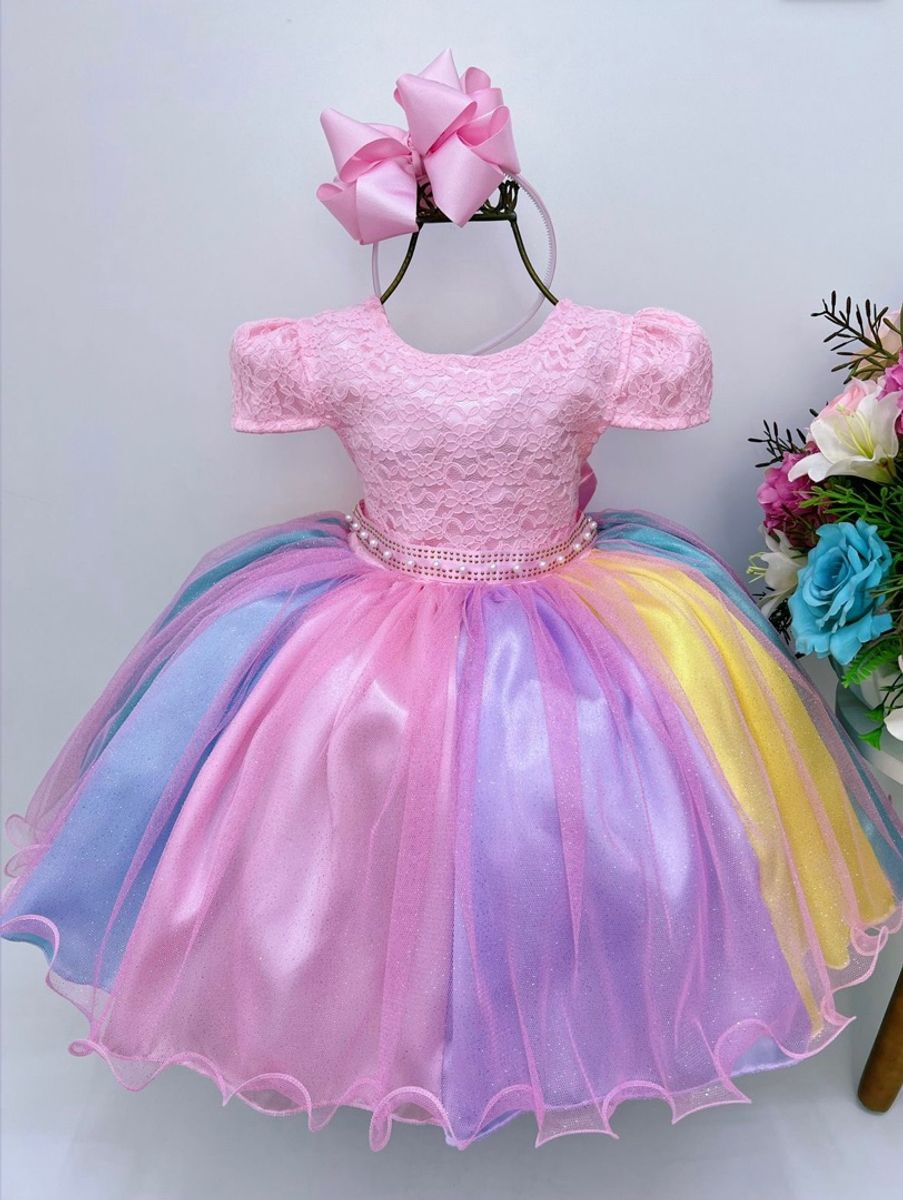 Vestido festa infantil princesa unicórnio e arco-íris
