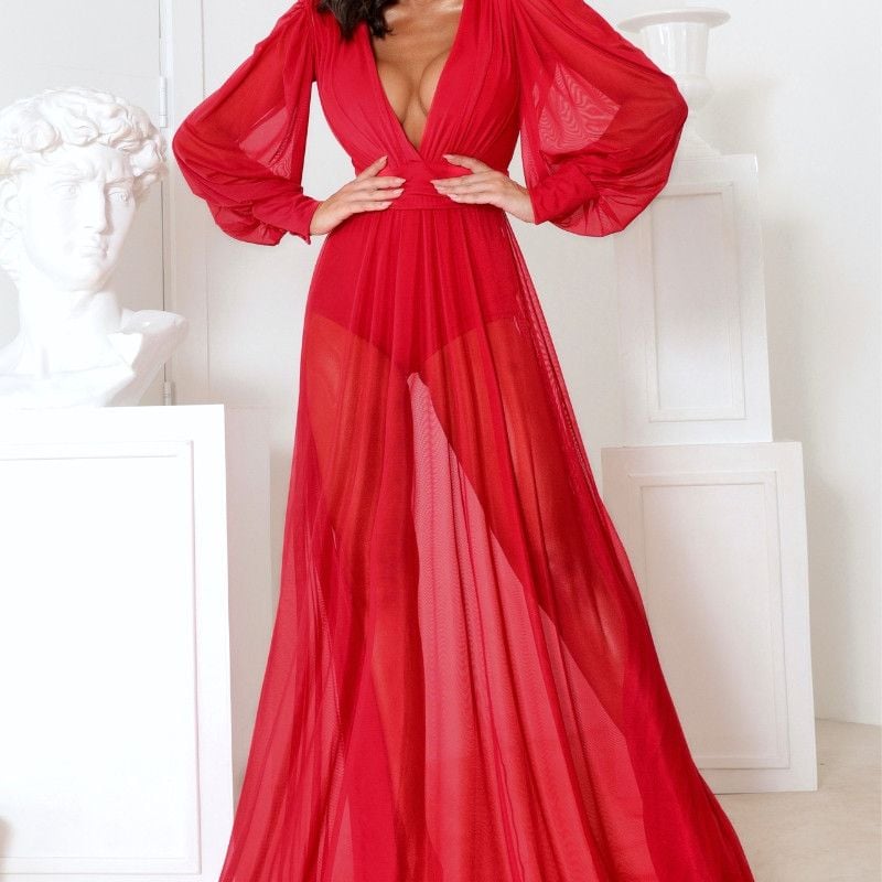 Vestido Vermelho Longo Decote V Manga Longa Bufante Vestido de