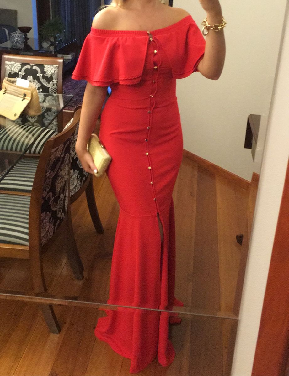 vestido vermelho ombro a ombro longo