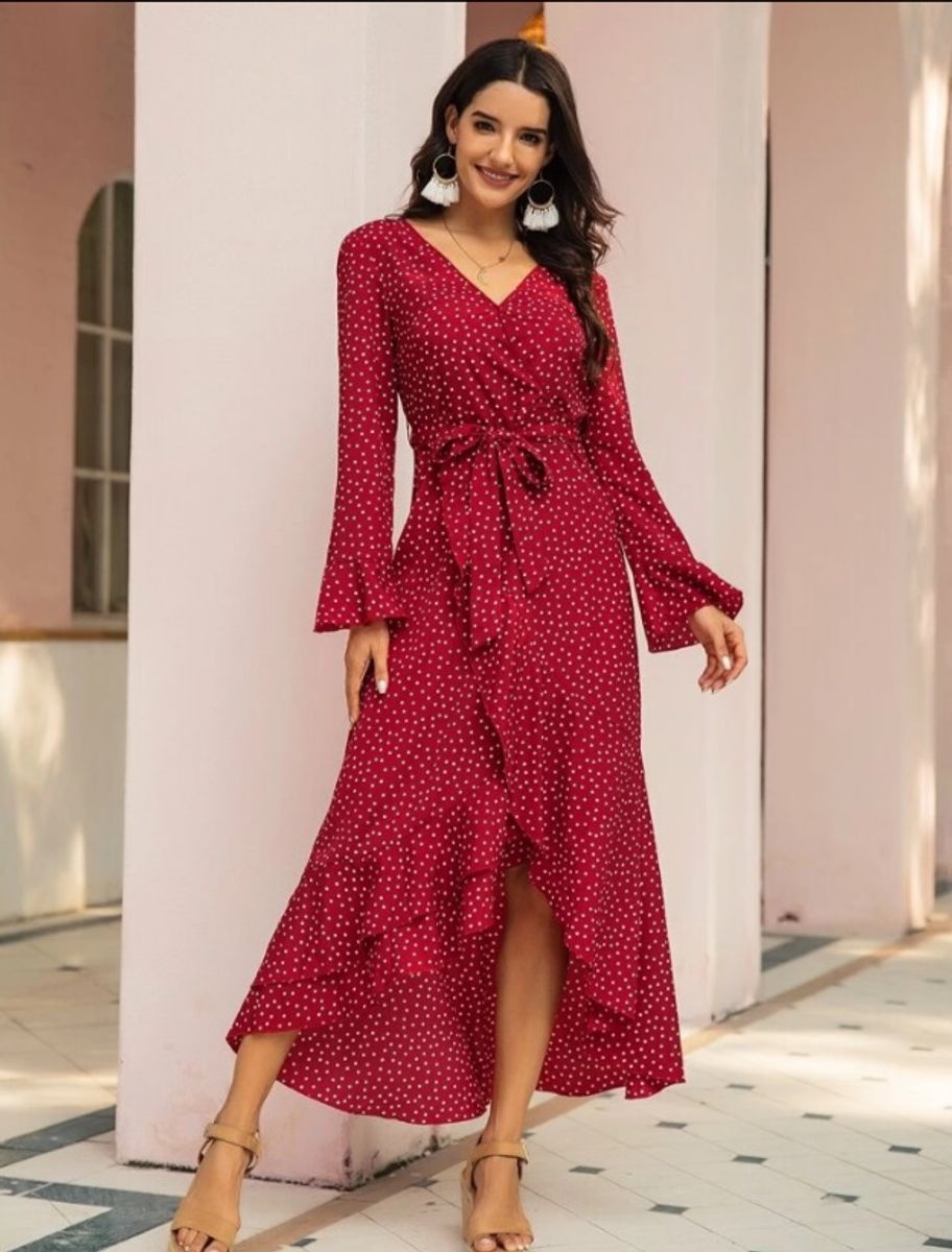 vestido vermelho longo manga longa