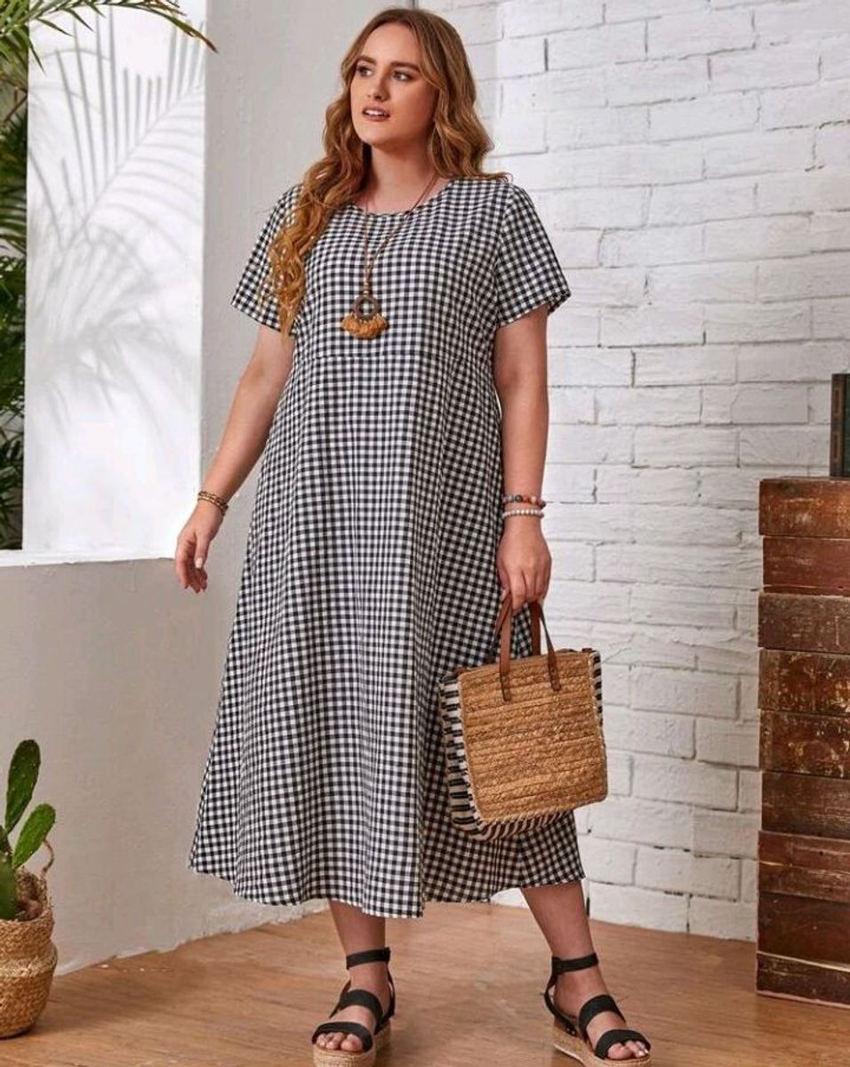 Vestido Xadrez Plus Size, Vestido Feminino Shein Nunca Usado 86998372