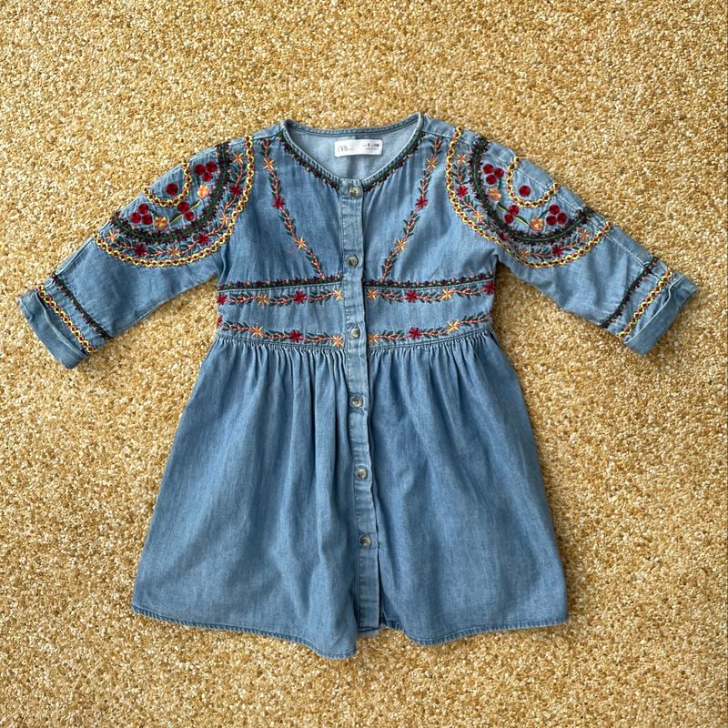 Vestido Zara Jeans Manga Longa Bordado | Roupa Infantil para Menina Zara  Usado 93756180
