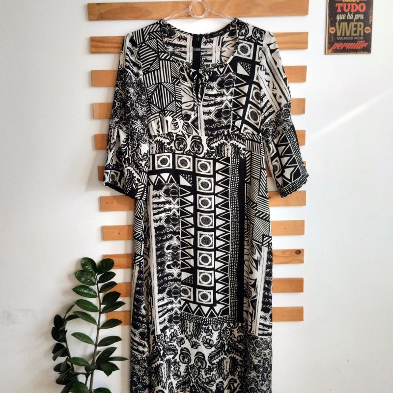 Vestido Zara Longuete tnico Preto e Branco Original Estampado