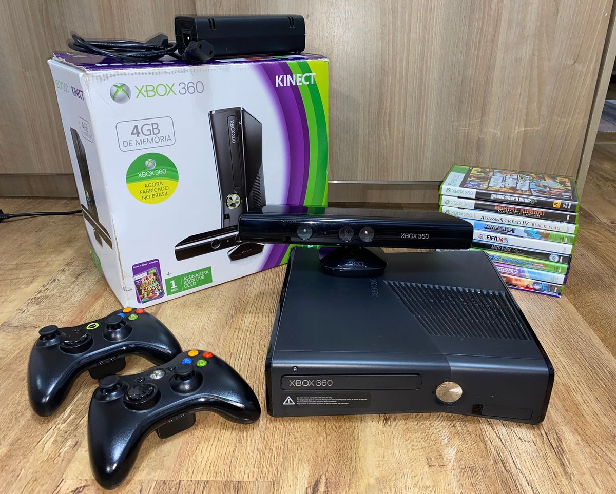 Console Xbox 360 Slim 4gb Kinect 2 Controles 5 Jogos - Usado