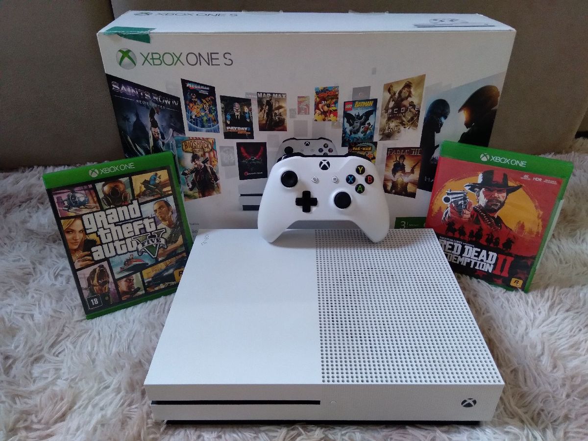Xbox One S 1t 8gb + 2 Jogos (gta V e Red Dead Ii) Na Caixa com Manual