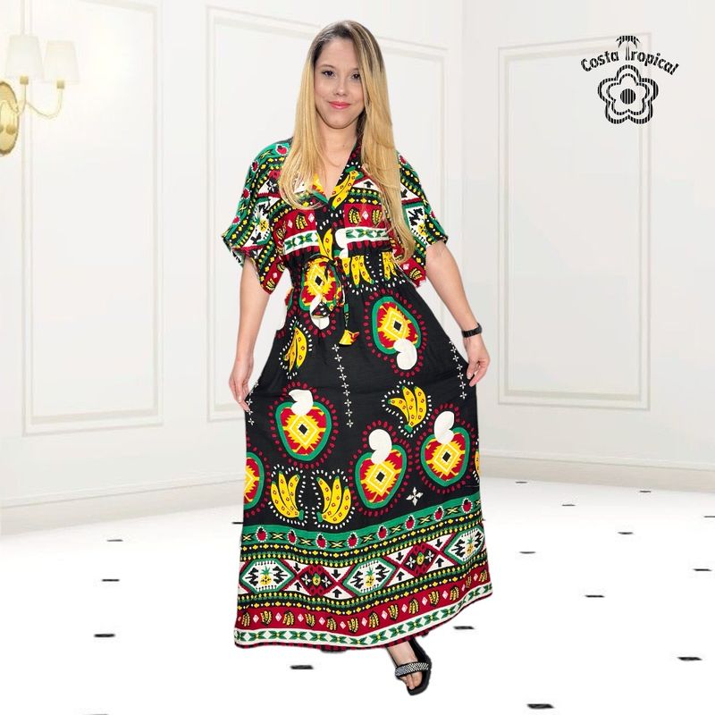 Xg Vestido Longo com Manga Asa de Morcego Estampado Estilo Farm