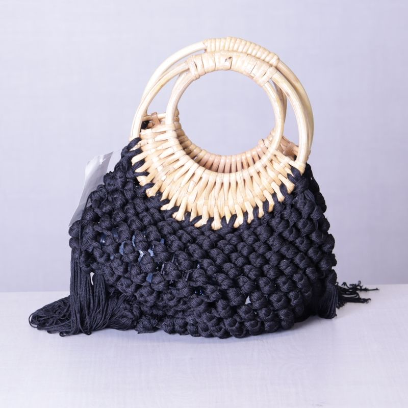 Zara, Bolsa Preta Crochê Alça Bambu Bolsa de mão Feminina Zara