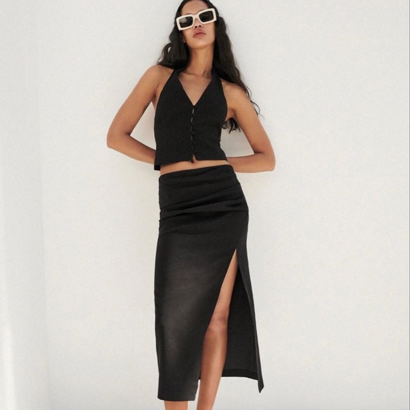 Zara Saia Midi Preta Drapeada com Fenda e em Tecido Mistura de